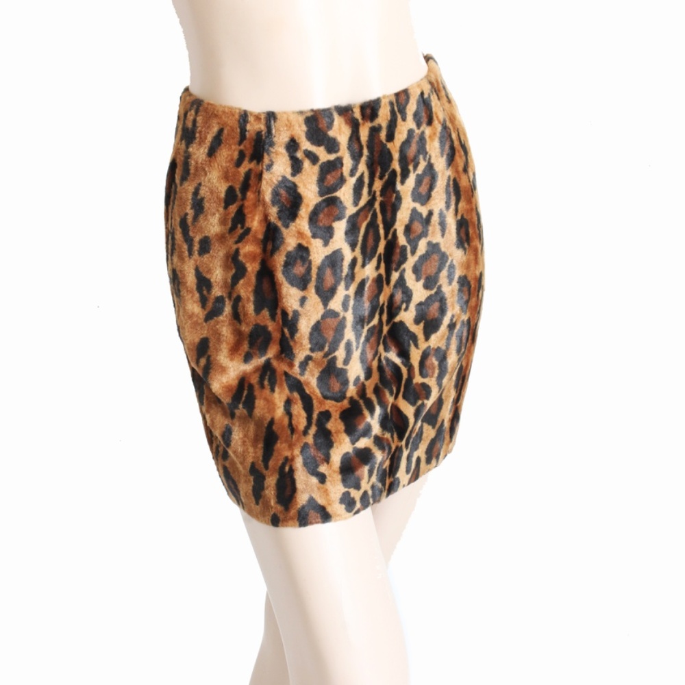 80s Norma Kamali Mini Skirt Faux Leopard Fur Animal Print Vintage Rare Retro